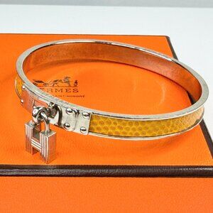 Vintage Hermès Leather Kelly Cadena Lock Bangle Bracelet Yellow GS763